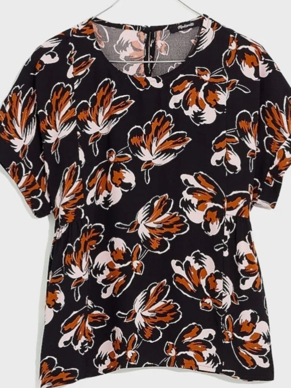 Madewell Black Floral Short-Sleeve Blouse with Rust and White Flowers